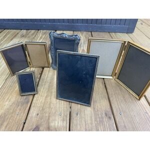 5 Vintage MCM Metal Picture Photo Frames Single & Hinged Gold Silver